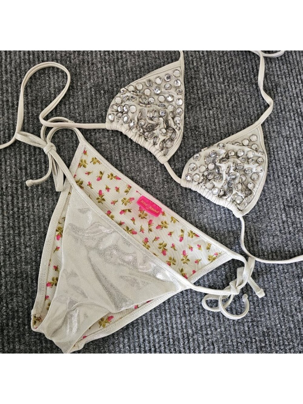 Betsey Johnson sz S Bikini Vintage Crystal Studded 2-Piece Silver rhinestones